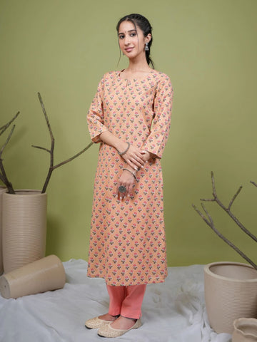 Peach Cotton Round With Small V-Neck Booti Print Kurta For Women's