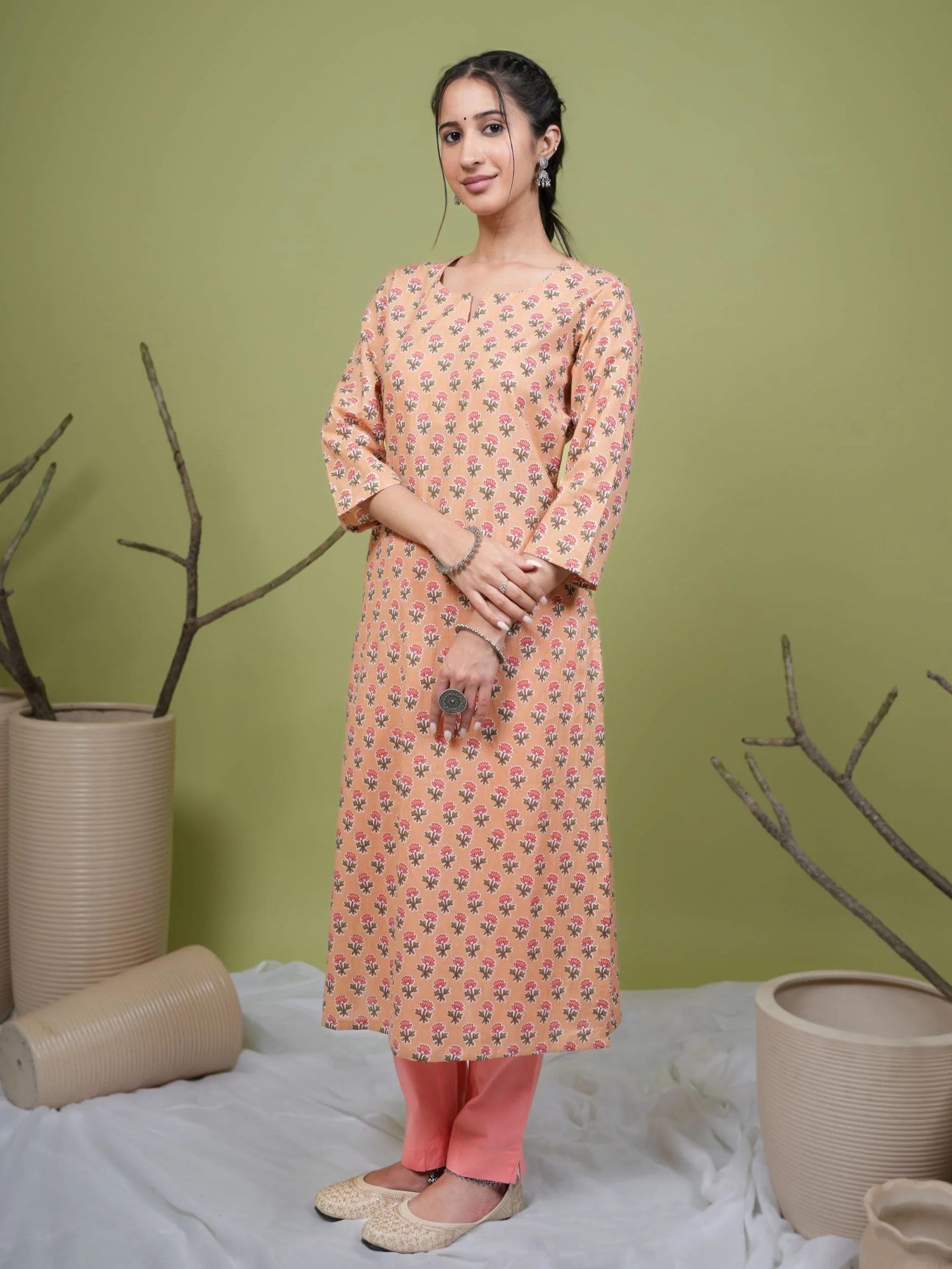 Peach Cotton Round With Small V-Neck Booti Print Kurta For Women's