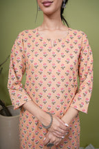 Peach Cotton Round With Small V-Neck Booti Print Kurta For Women's