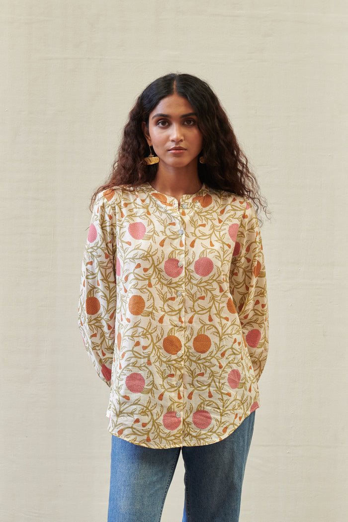 Cream Cotton Floral Print Collar Short Top For Women's