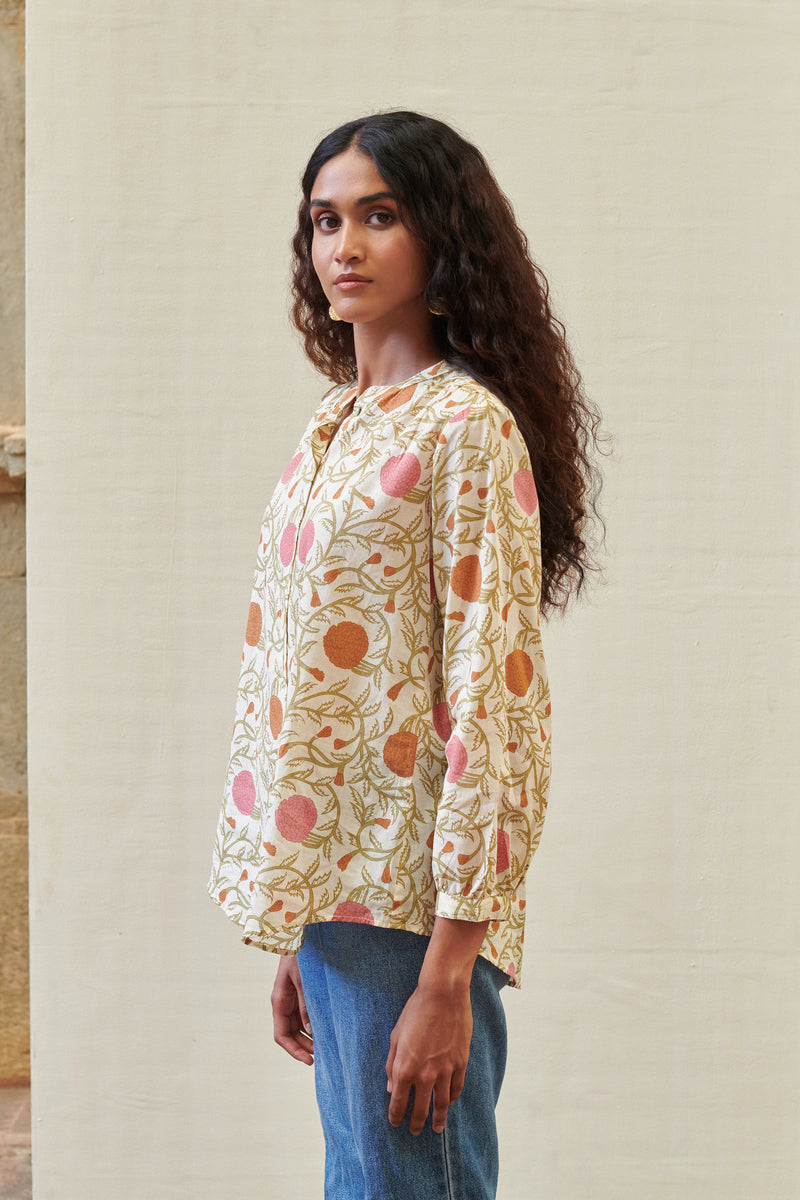 Cream Cotton Floral Print Collar Short Top For Women's