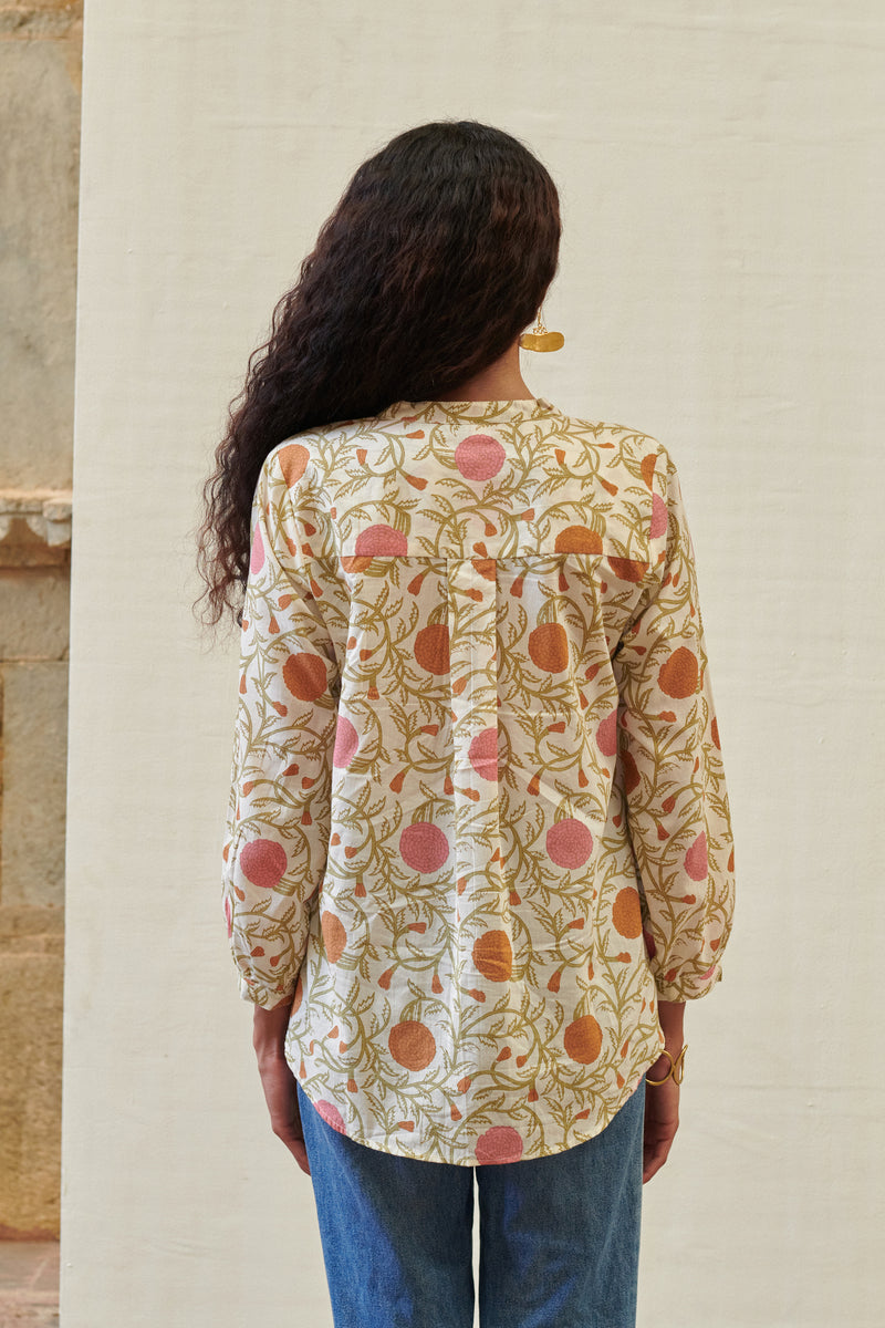 Cream Cotton Floral Print Collar Short Top For Women's