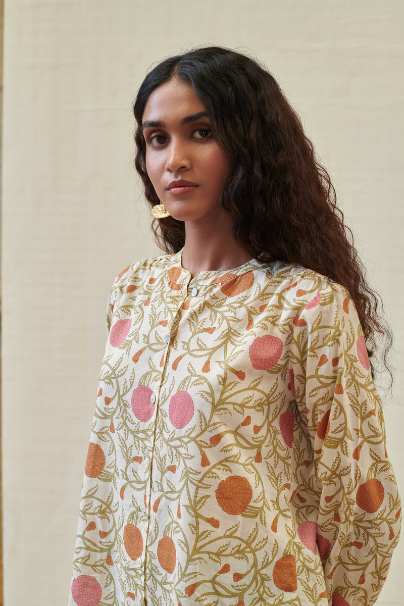 Cream Cotton Floral Print Collar Short Top For Women's