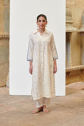 White Cotton Handloom Shirt Collar Kurta-Pant Set for Women's