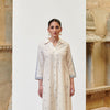 White Cotton Handloom Shirt Collar Kurta-Pant Set for Women's
