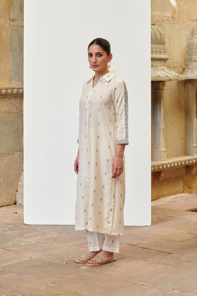 White Cotton Handloom Shirt Collar Kurta-Pant Set for Women's