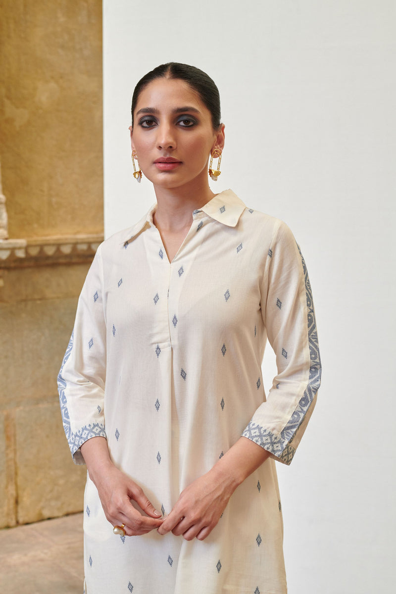 White Cotton Handloom Shirt Collar Kurta-Pant Set for Women's