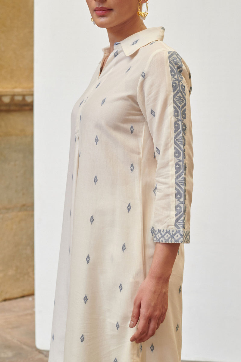 White Cotton Handloom Shirt Collar Kurta-Pant Set for Women's