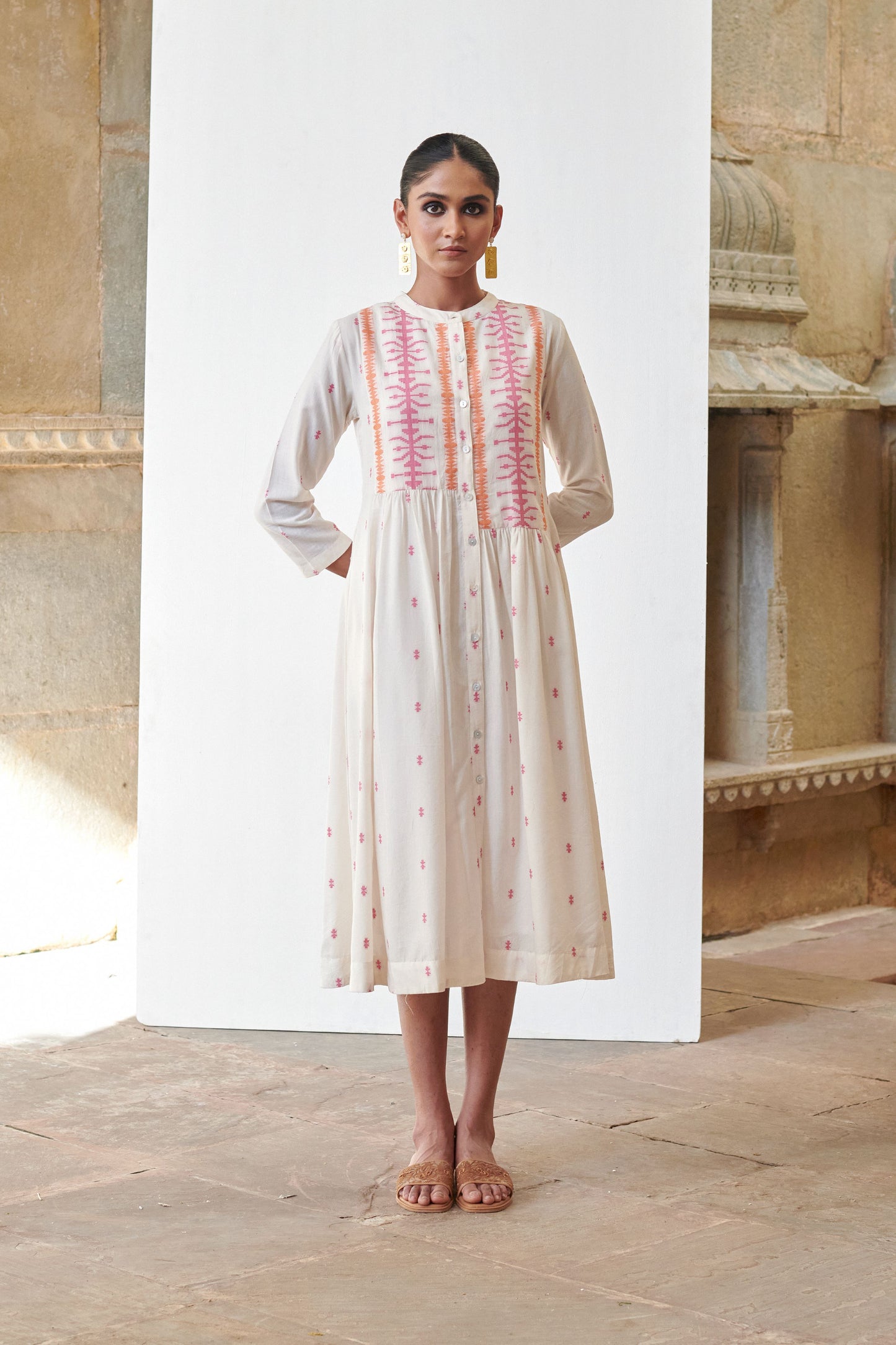 OFF WHITE COTTON HANDLOOM COLLAR NECK JAMDANI DRESS FOR WOMEN'S