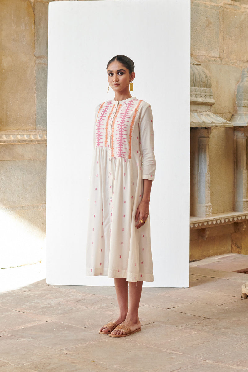 Off White Cotton Handloom Collar Neck Jamdani Dress For Women's
