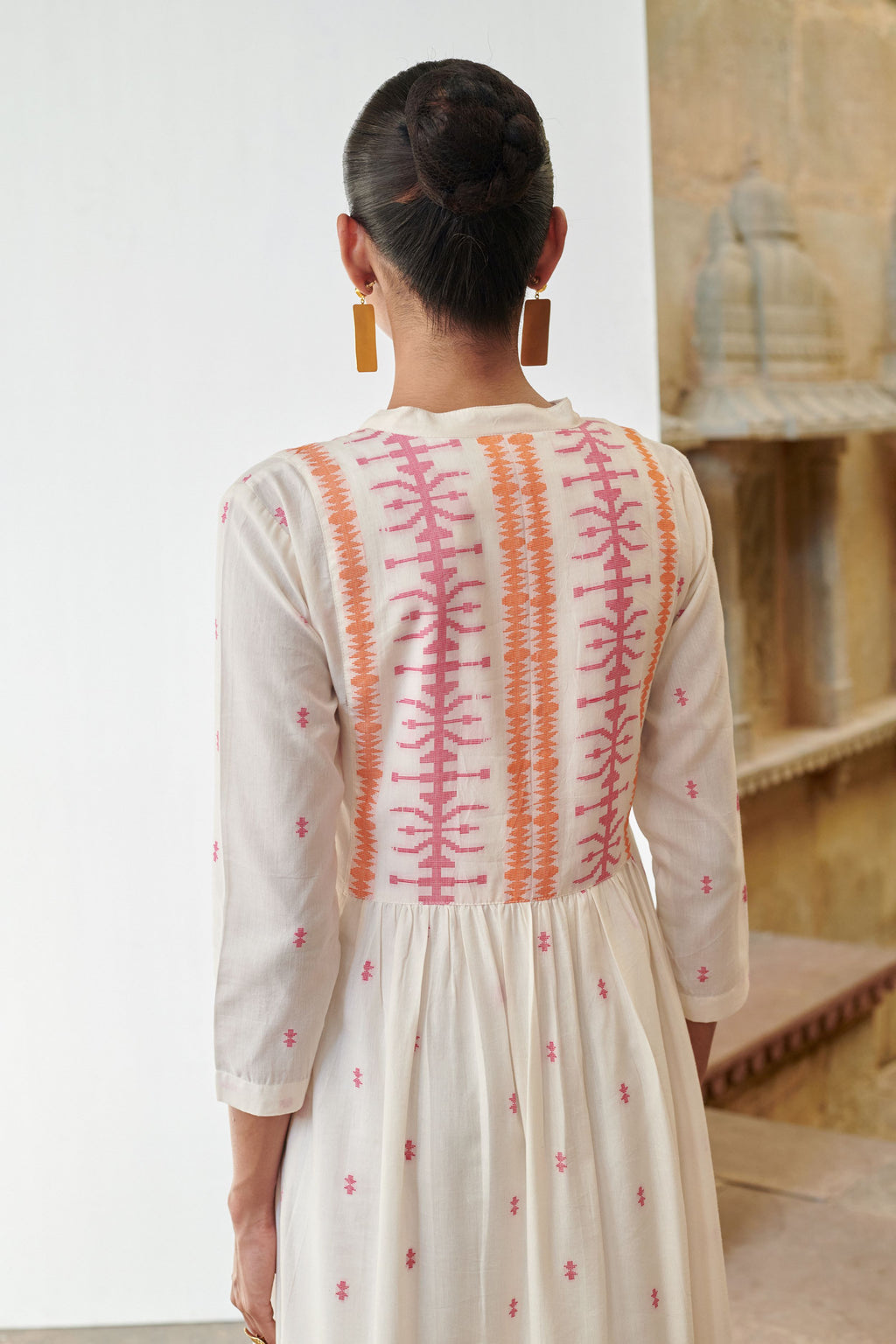 Off White Cotton Handloom Collar Neck Jamdani Dress For Women's