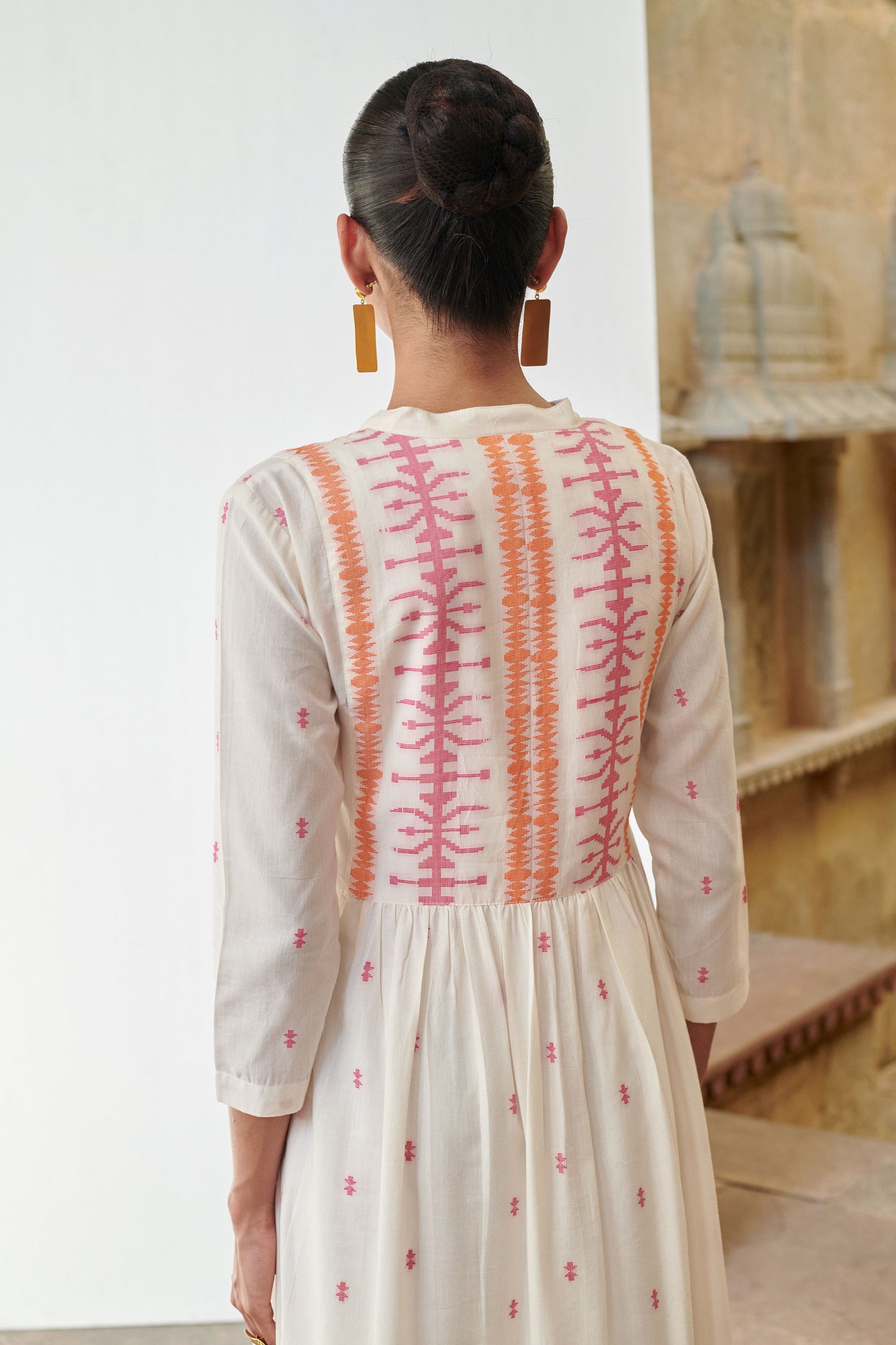 OFF WHITE COTTON HANDLOOM COLLAR NECK JAMDANI DRESS FOR WOMEN'S