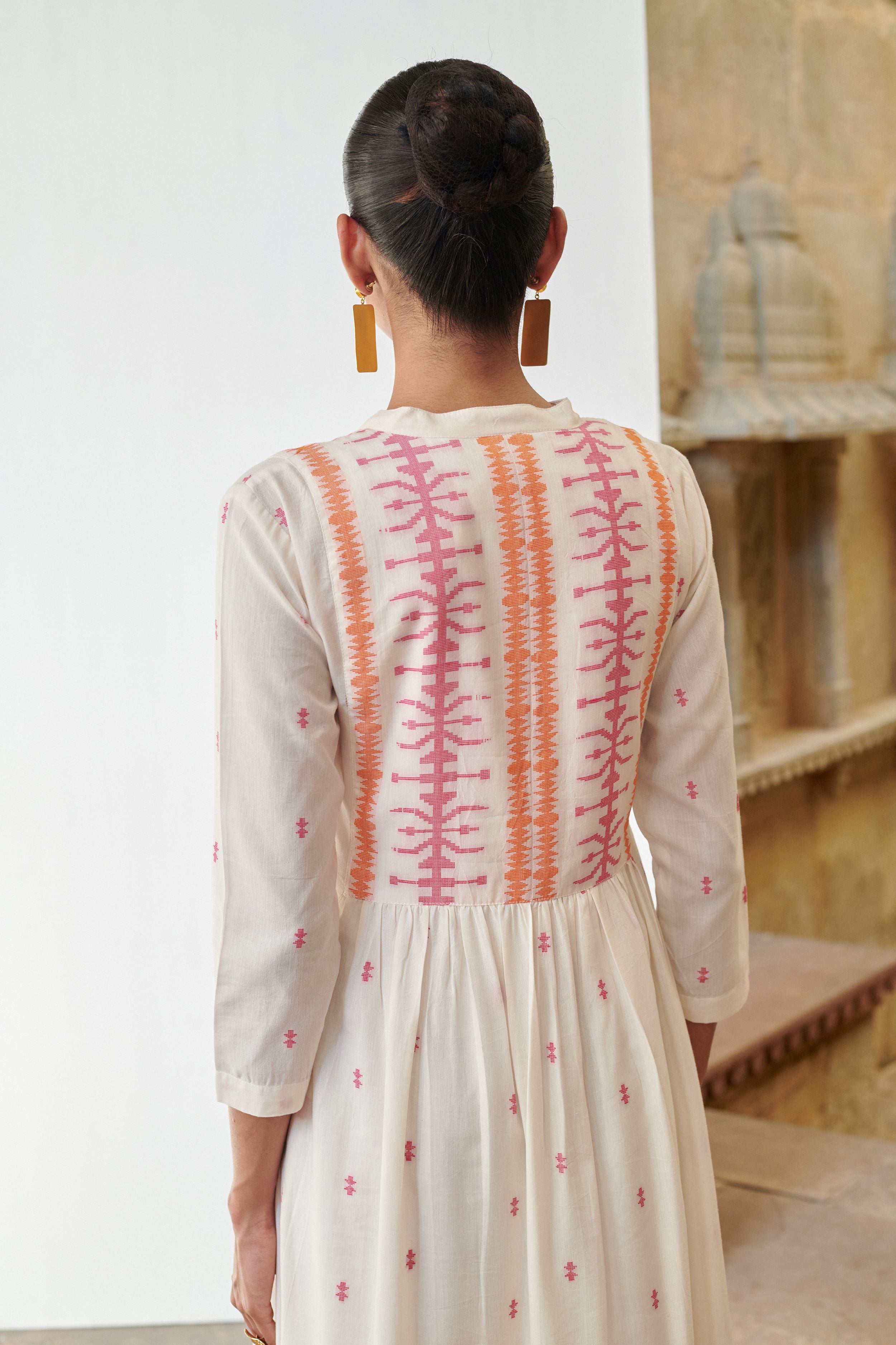 Off White Cotton Handloom Collar Neck Jamdani Dress For Women's