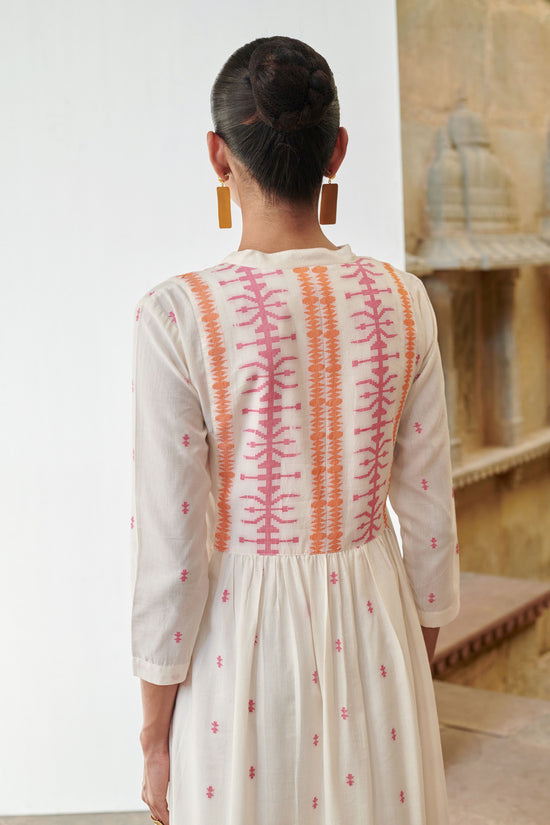 OFF WHITE COTTON HANDLOOM COLLAR NECK JAMDANI DRESS FOR WOMEN'S