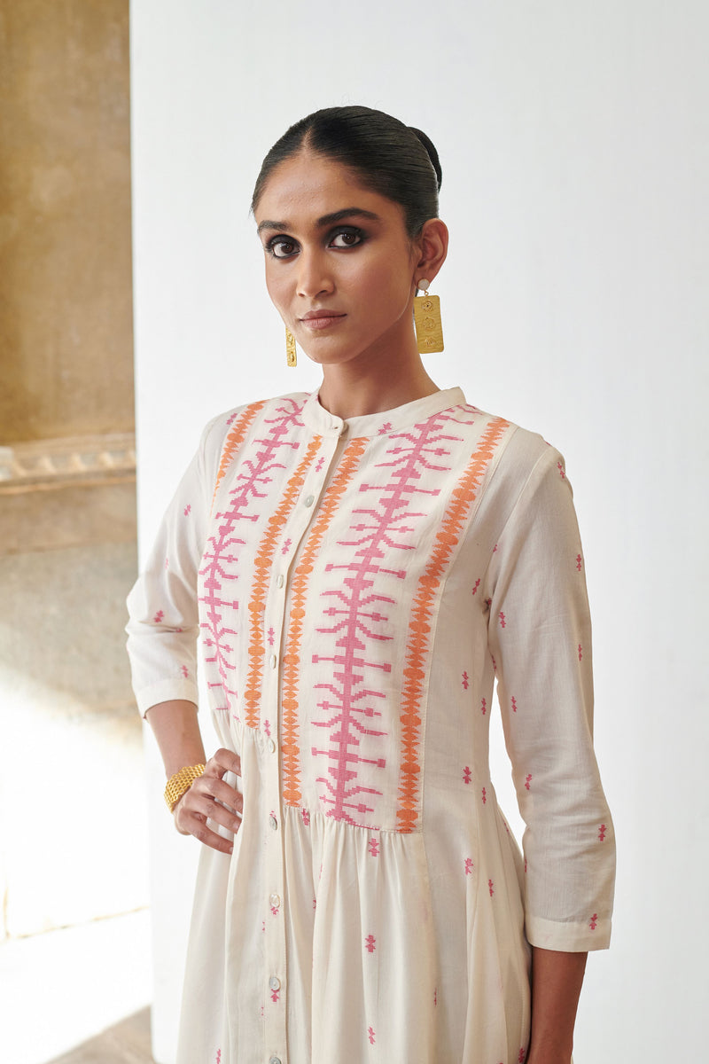 Off White Cotton Handloom Collar Neck Jamdani Dress For Women's