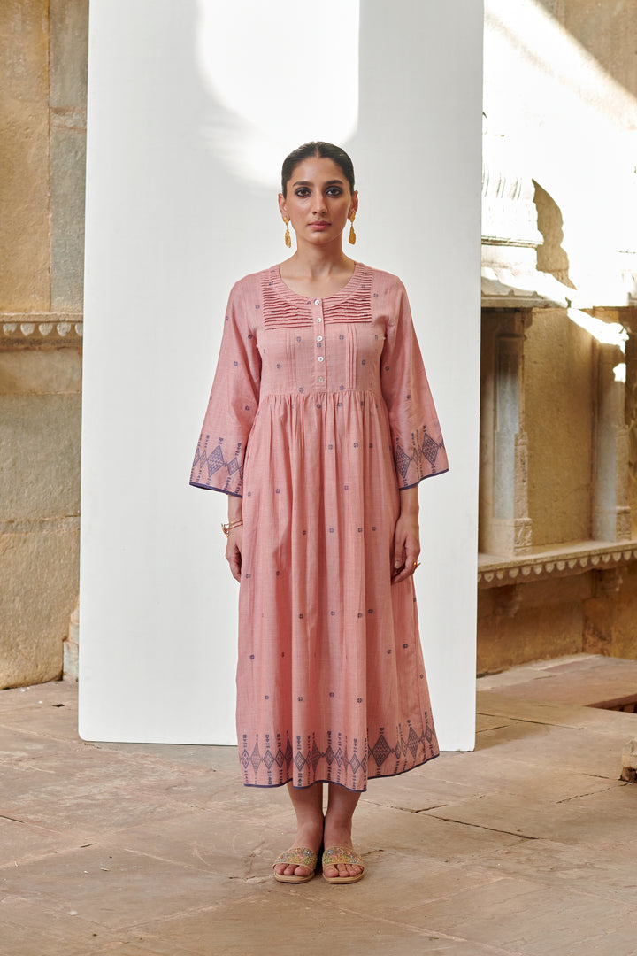 Pink Cotton Handloom Round Dress For Women's