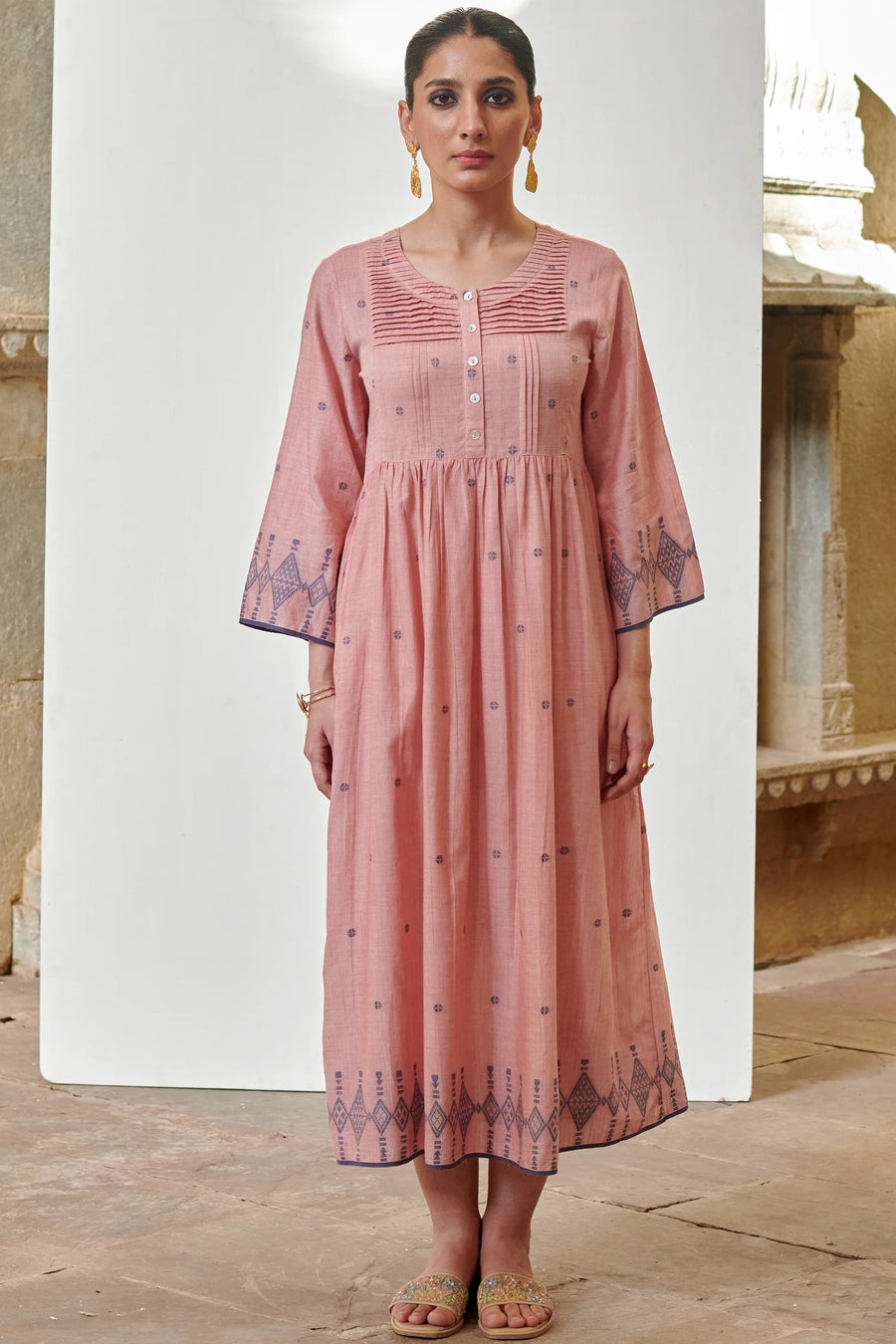 Pink Cotton Handloom Round Dress For Women's