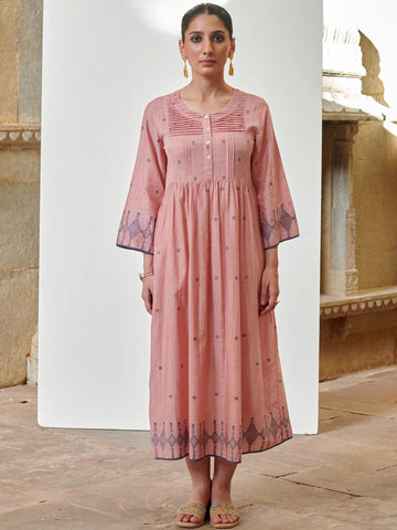 Pink Cotton Handloom Round Dress For Women's