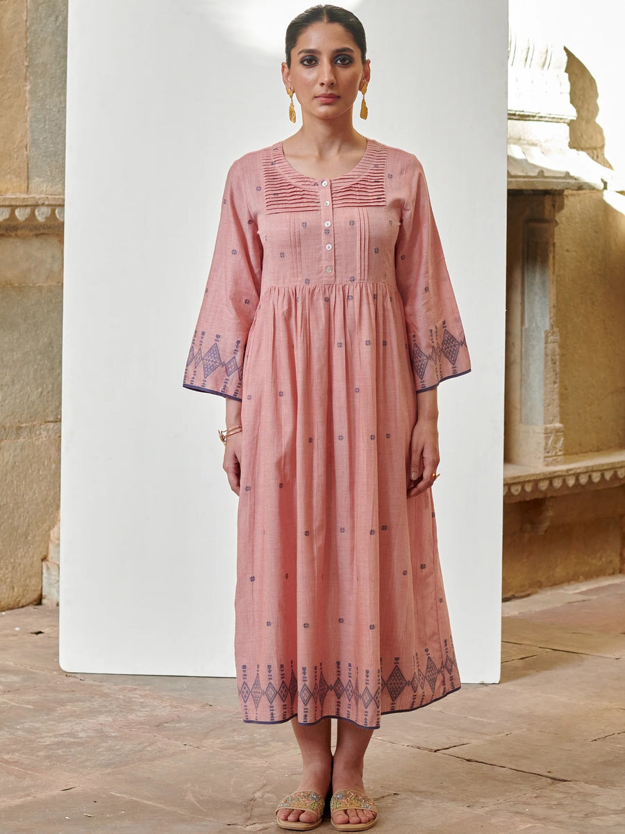 Pink Cotton Handloom Round Dress For Women's