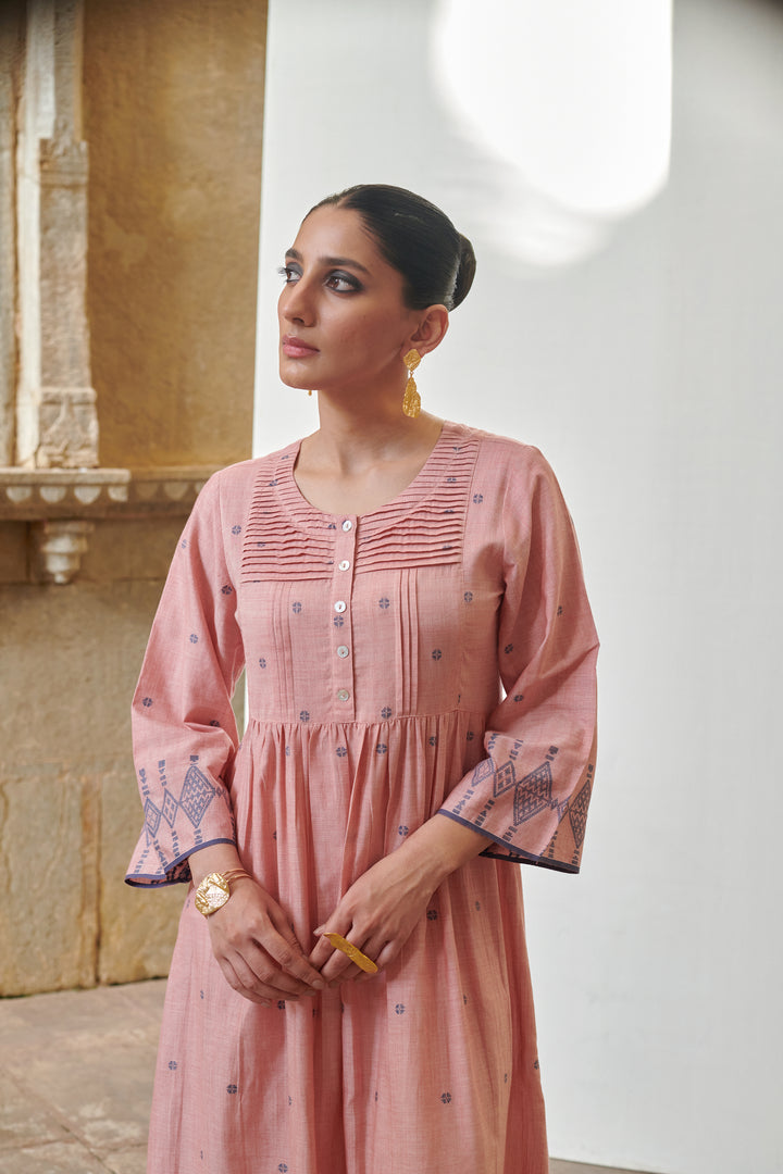 Pink Cotton Handloom Round Dress For Women's