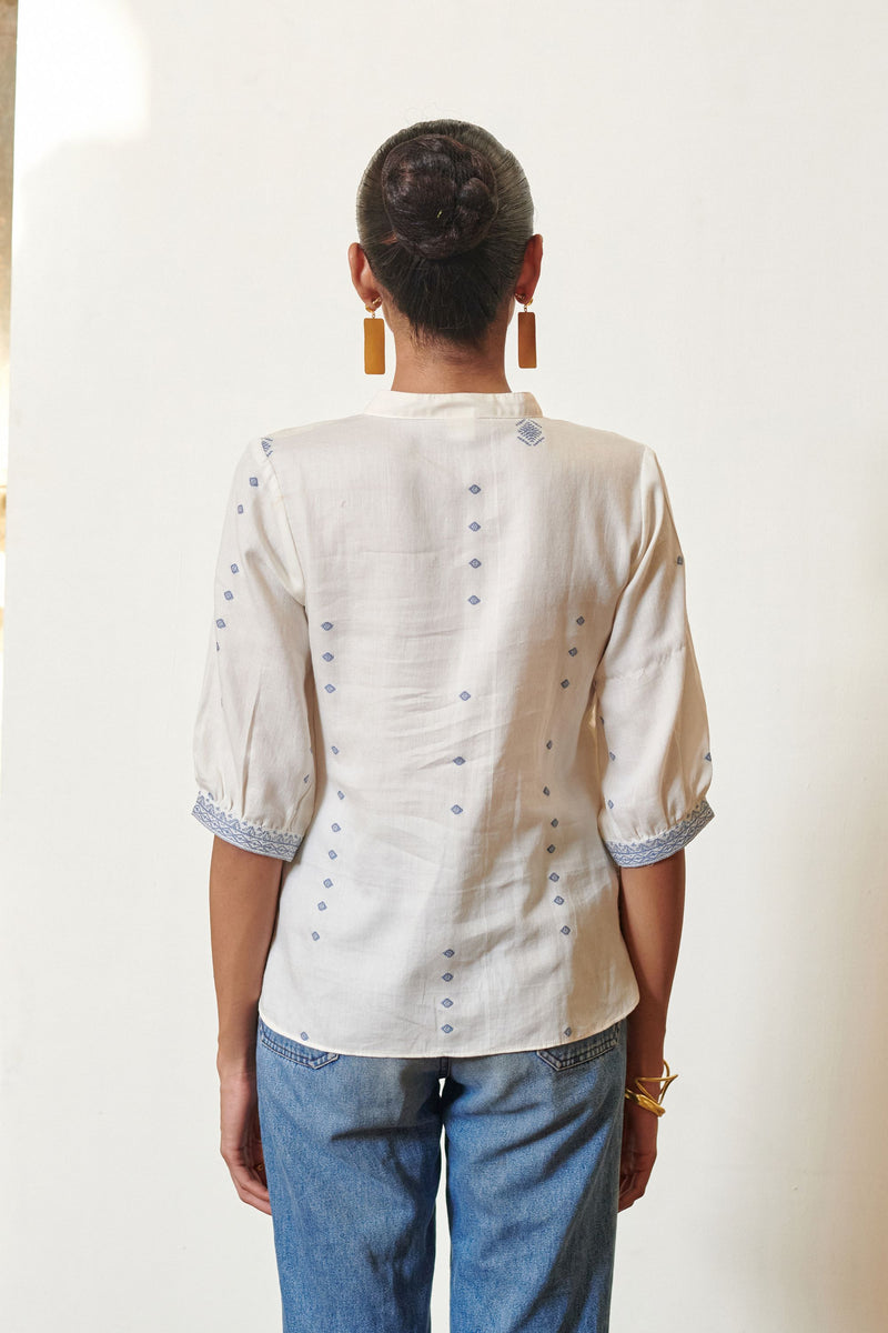 White Cotton Handloom Round Collar  Short Top For Women's