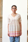 Off White Cotton Handloom V-Neck Short Top For Women's