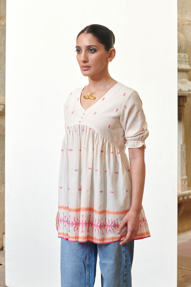 Off White Cotton Handloom V-Neck Short Top For Women's