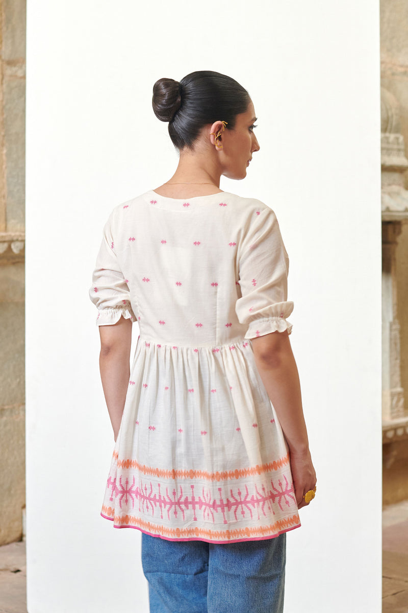 Off White Cotton Handloom V-Neck Short Top For Women's