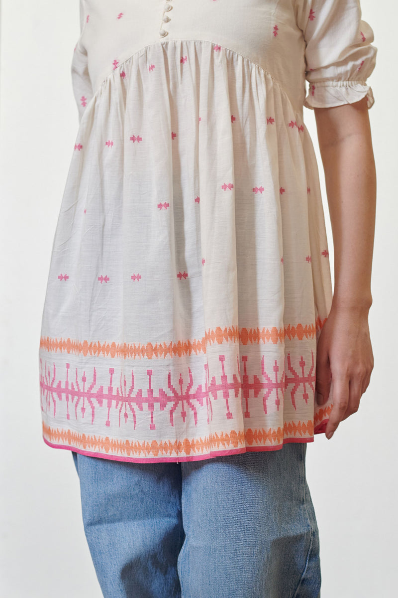 Off White Cotton Handloom V-Neck Short Top For Women's