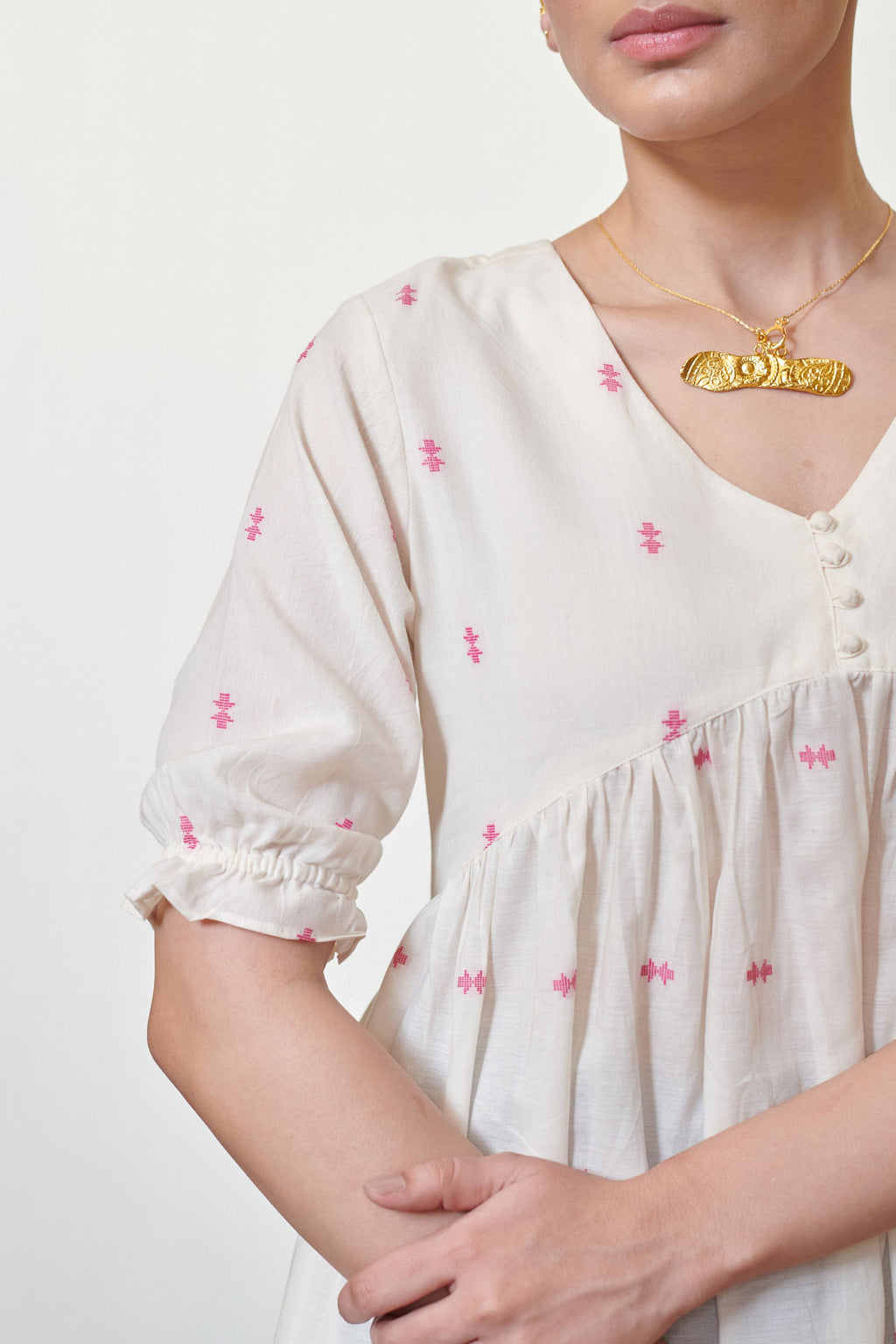 Off White Cotton Handloom V-Neck Short Top For Women's