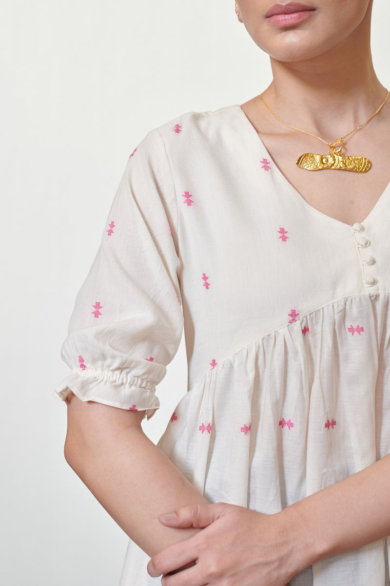 Off White Cotton Handloom V-Neck Short Top For Women's