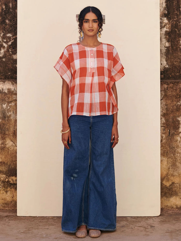 Orange Cotton Handloom Round Neck Top For Women's