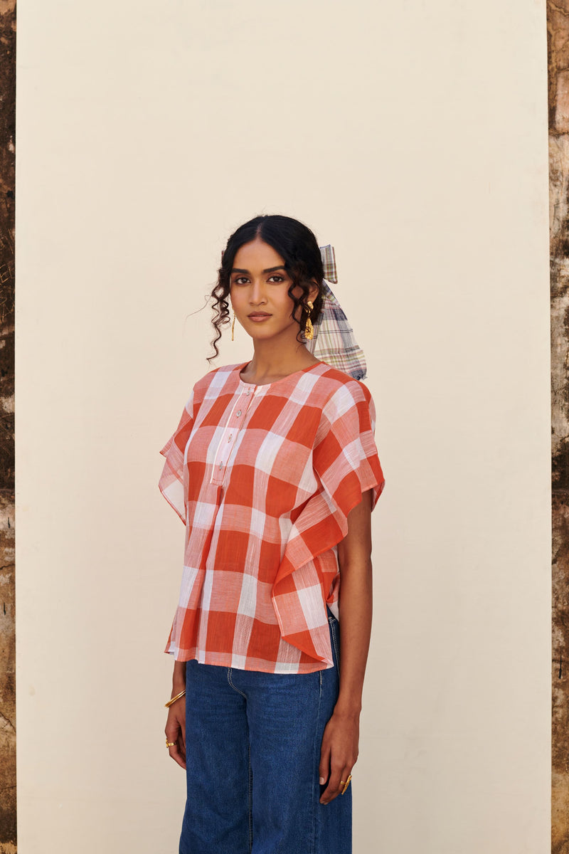 Orange Cotton Handloom Round Neck Top For Women's