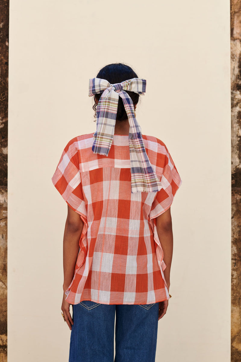 Orange Cotton Handloom Round Neck Top For Women's