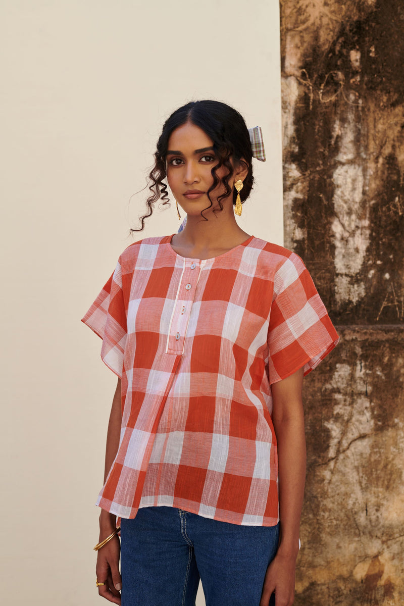 Orange Cotton Handloom Round Neck Top For Women's