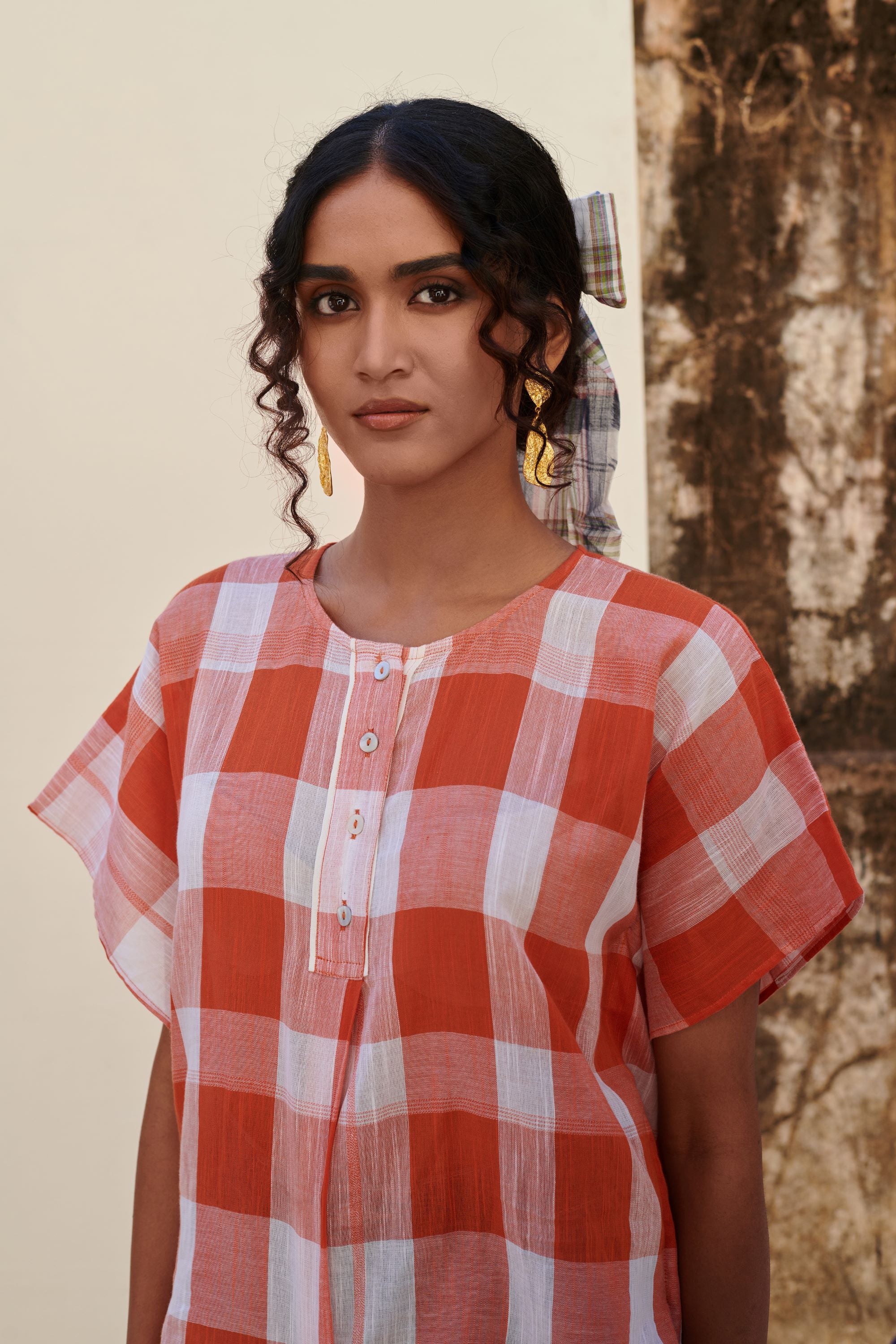 Orange Cotton Handloom Round Neck Top For Women's