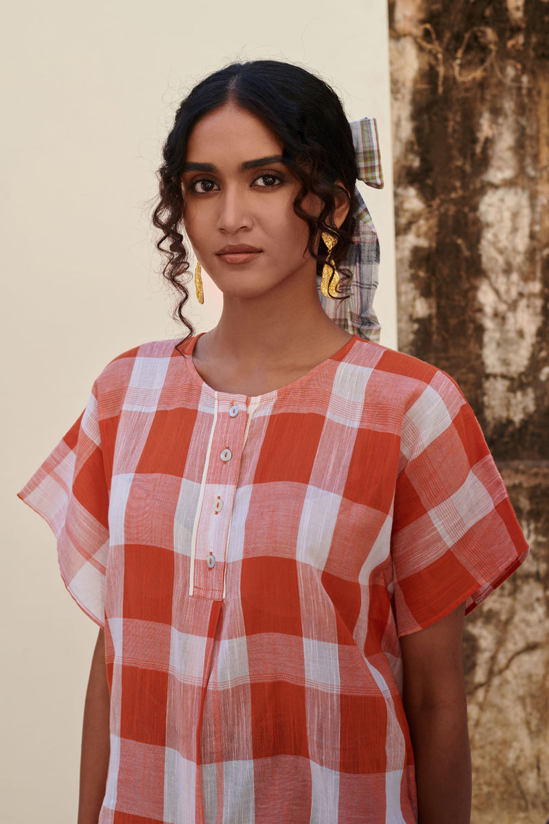 Orange Cotton Handloom Round Neck Top For Women's