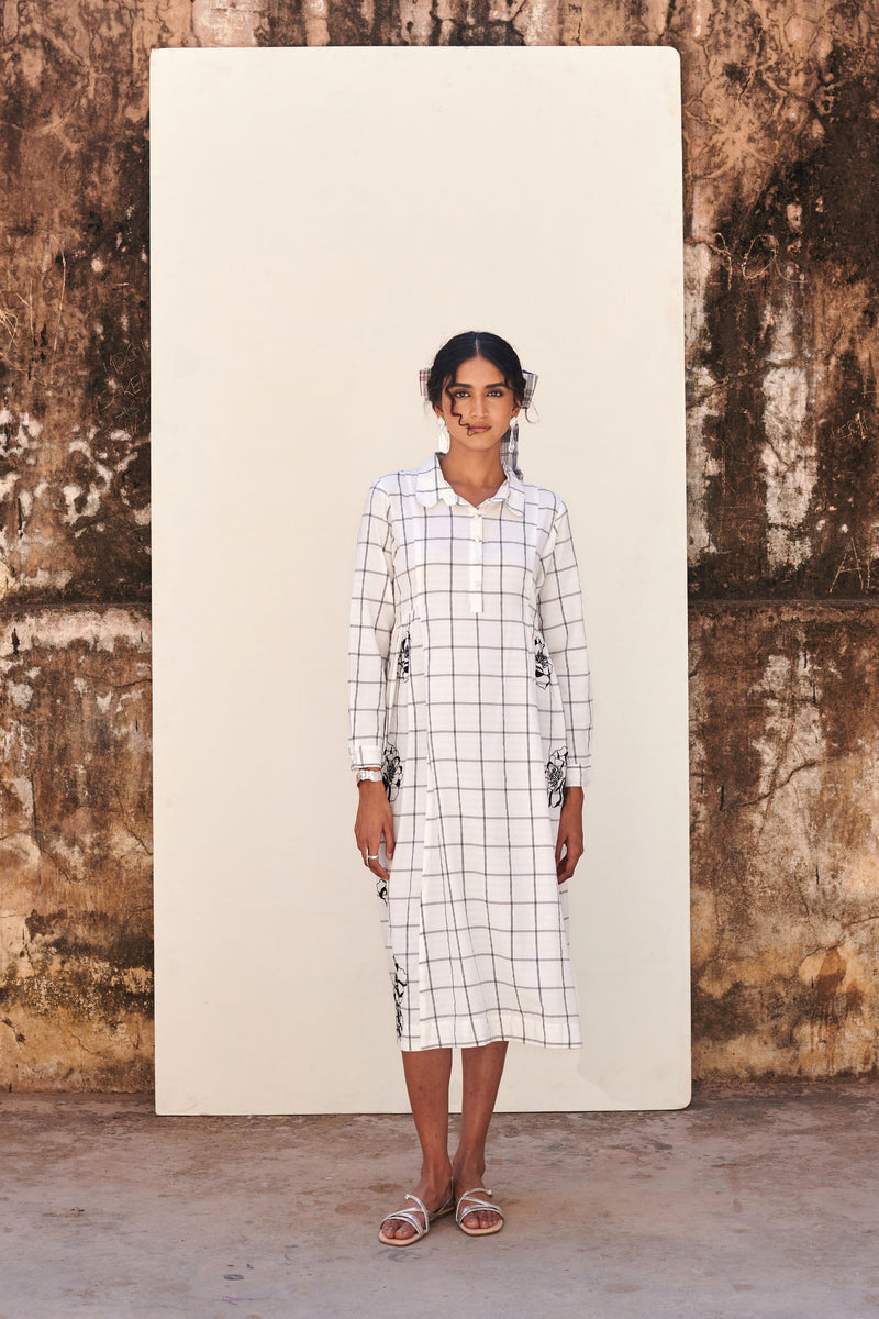 White Cotton Handloom Check Dress For Women's