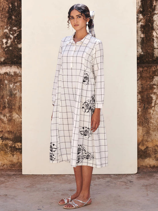 White Cotton Handloom Check Dress For Women's