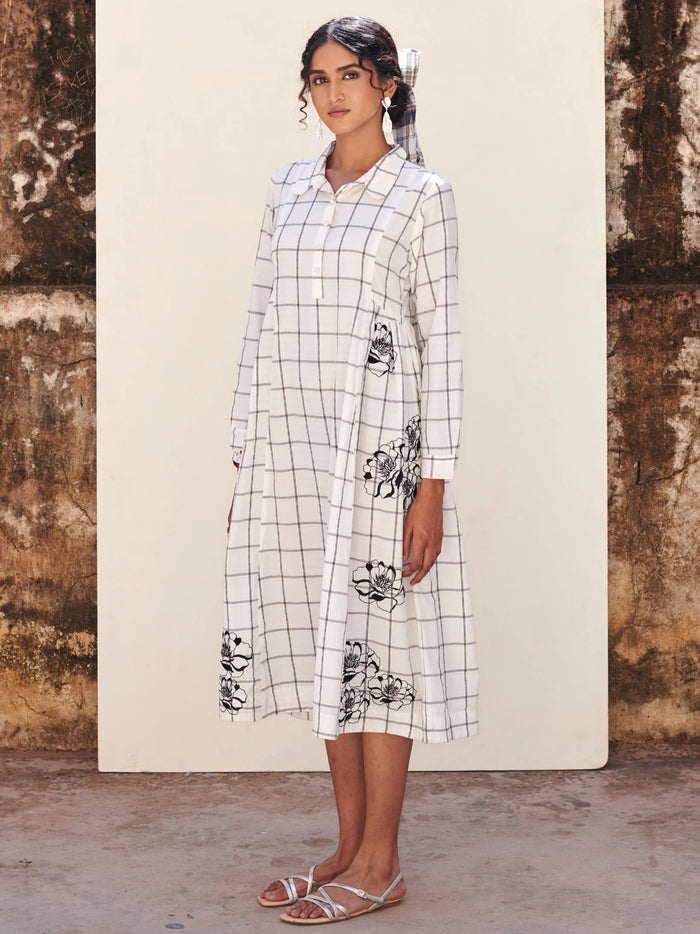 White Cotton Handloom Check Dress For Women's