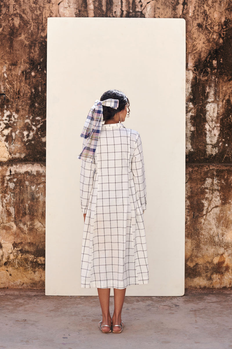 White Cotton Handloom Check Dress For Women's