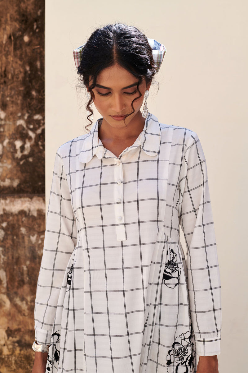 White Cotton Handloom Check Dress For Women's