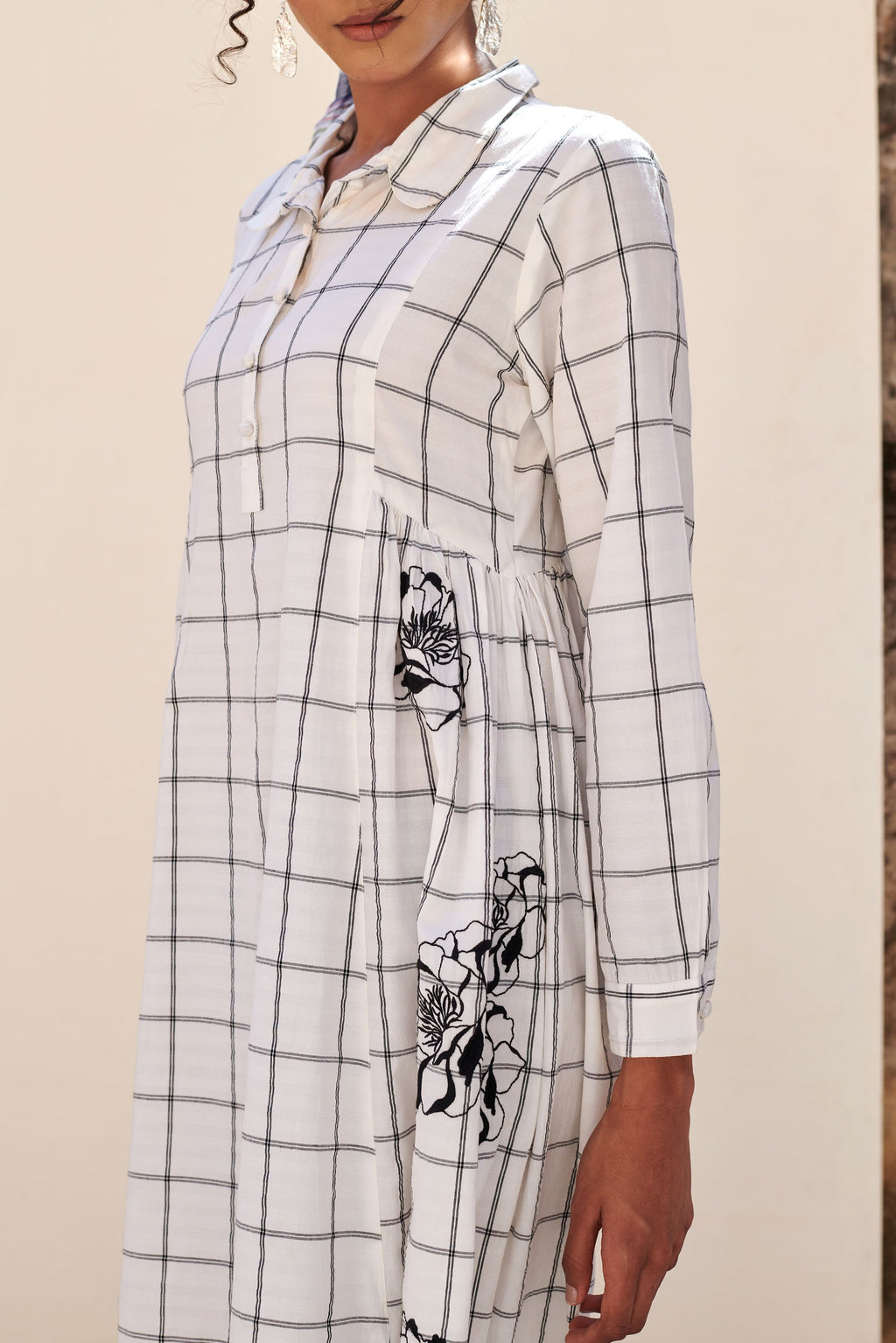 White Cotton Handloom Check Dress For Women's