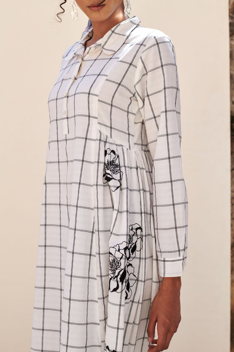 White Cotton Handloom Check Dress For Women's