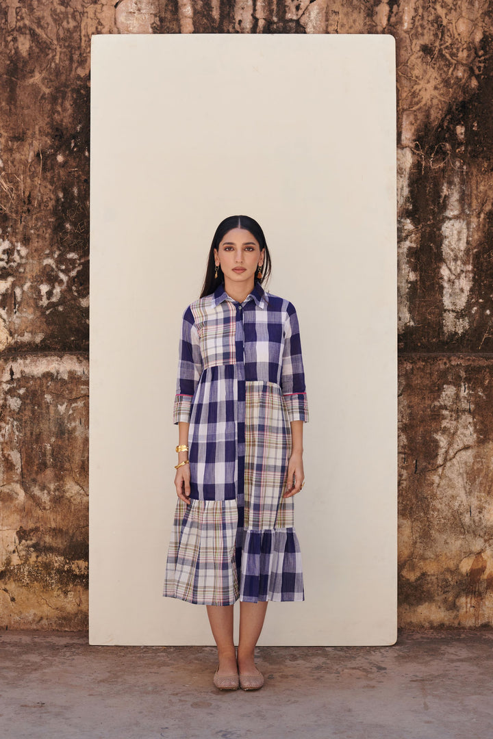 Blue Cotton Handloom Collar Neck Dress For Women's