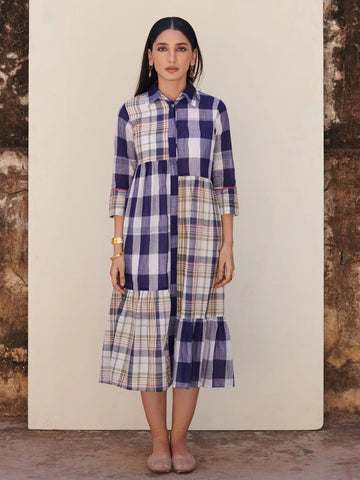 Blue Cotton Handloom Collar Neck Dress For Women's