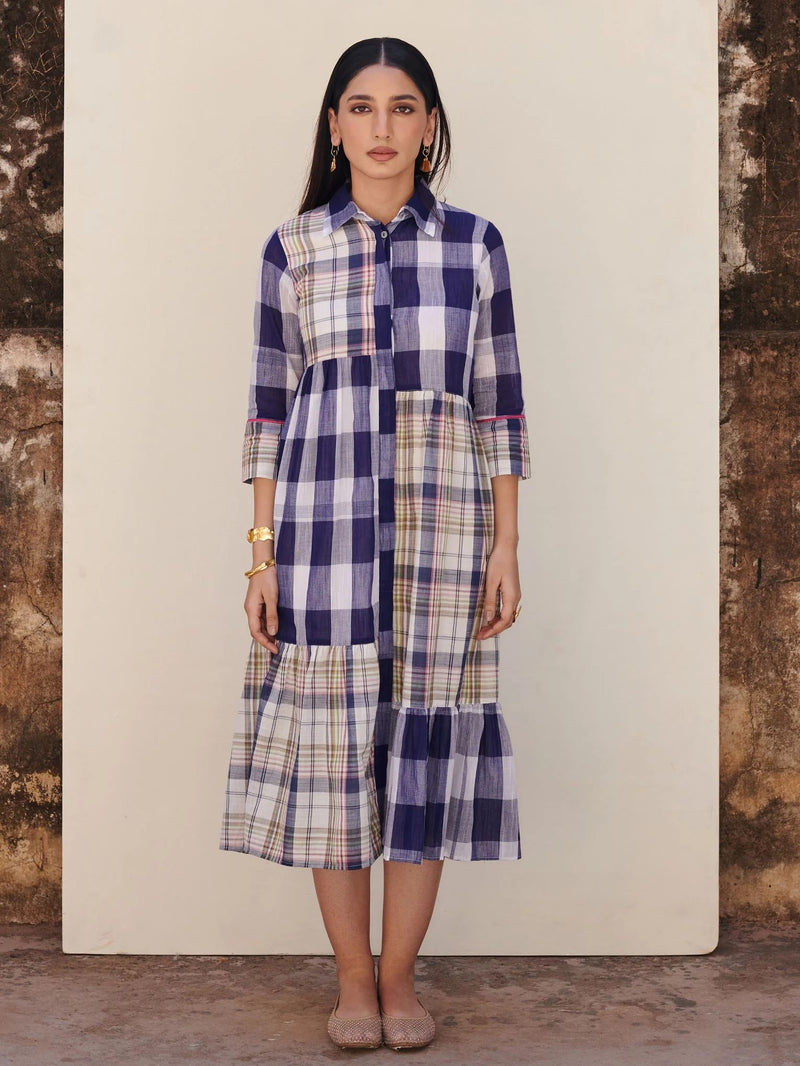 Blue Cotton Handloom Collar Neck Dress For Women's