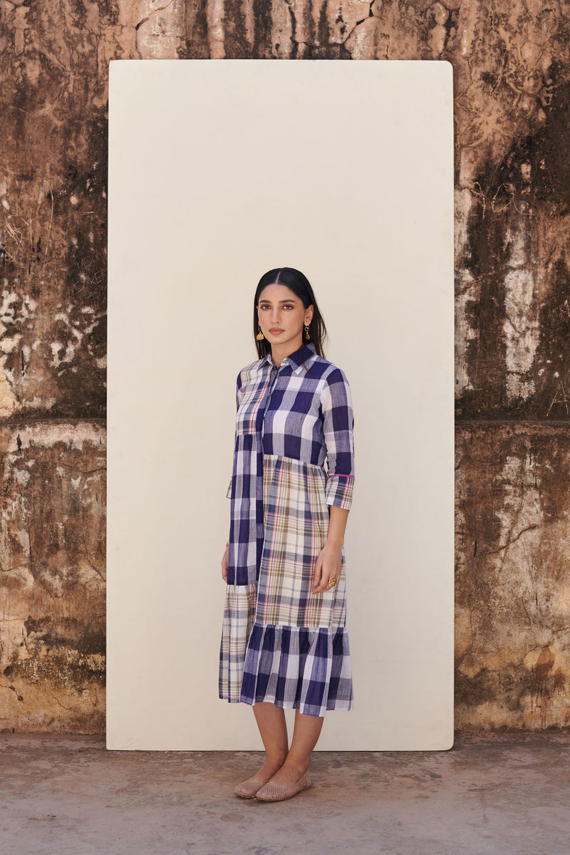 Blue Cotton Handloom Collar Neck Dress For Women's