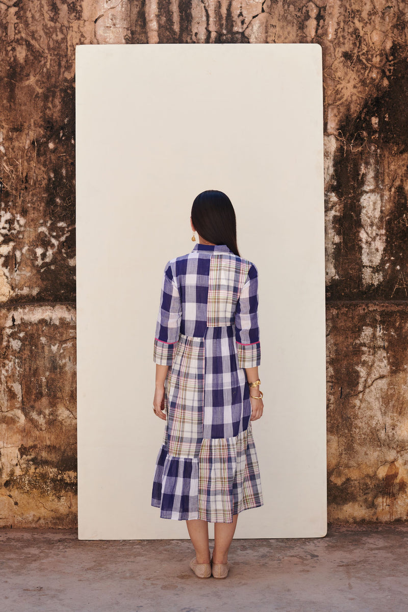 Blue Cotton Handloom Collar Neck Dress For Women's