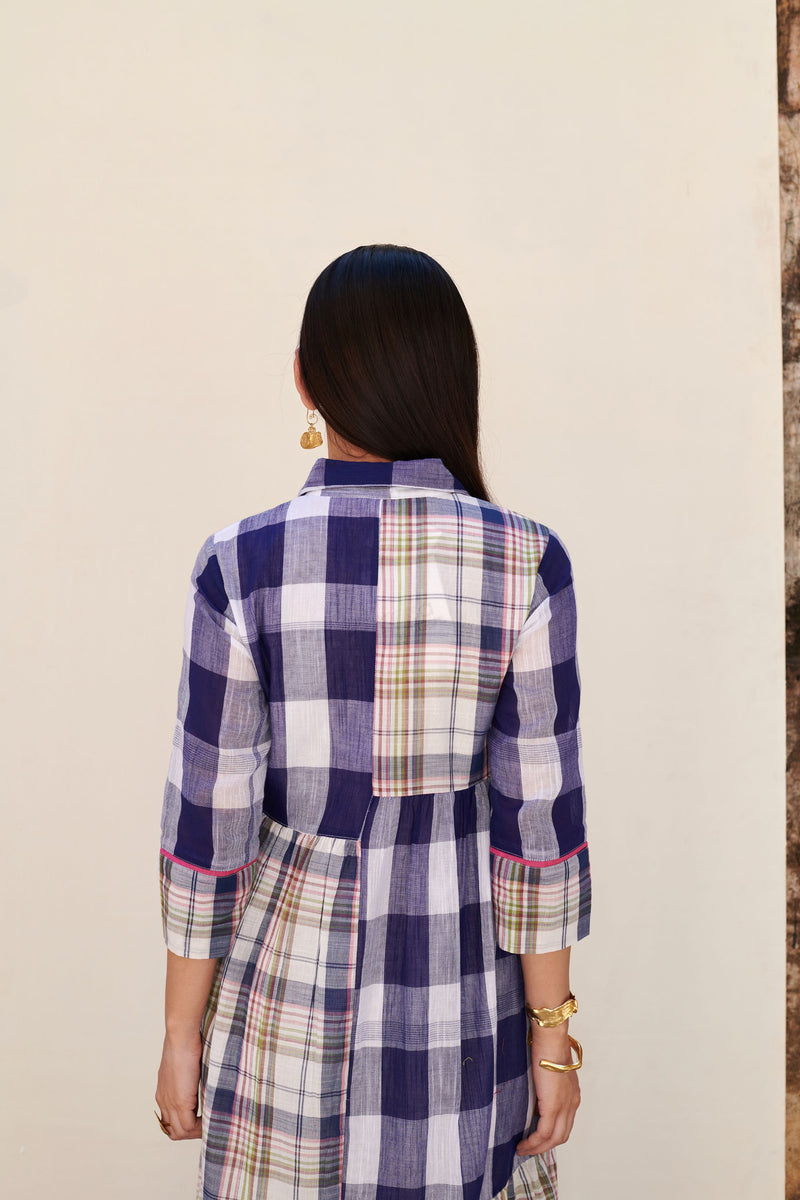 Blue Cotton Handloom Collar Neck Dress For Women's